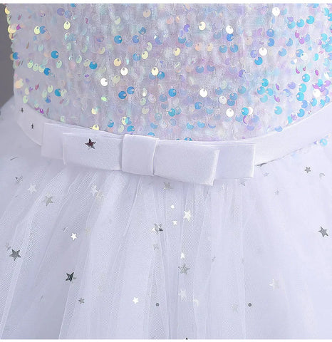 Glitter Sequin Hi-Lo Child Flower Girl Dresses Birthday Tulle Sleeveless Bow Starry Princess Kids Wedding Party Formal Gown