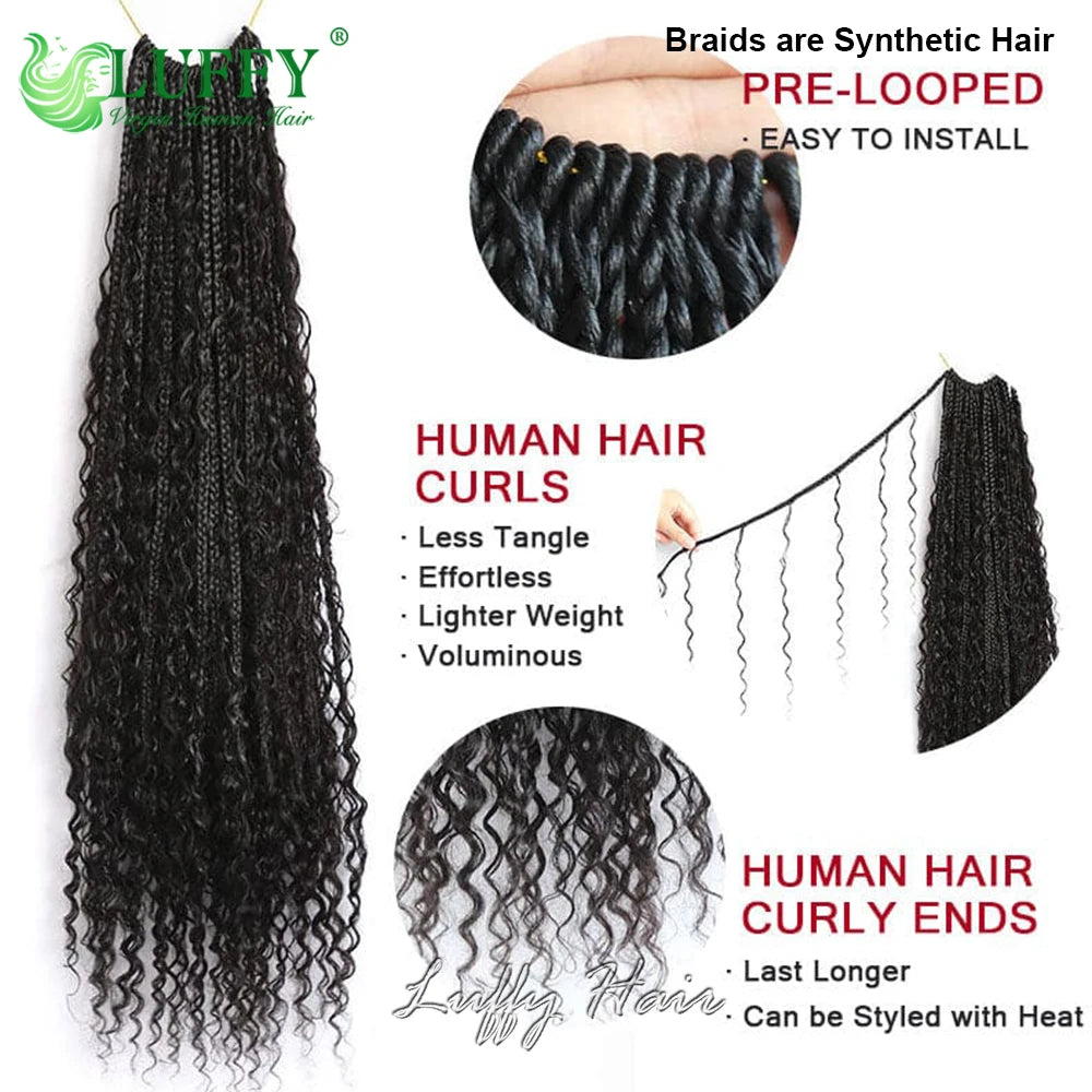 Crochet Boho Box Braids With Human Hair Curls Synthetic Braiding Hair Pre-looped Box Braids with Curly Ends For Women