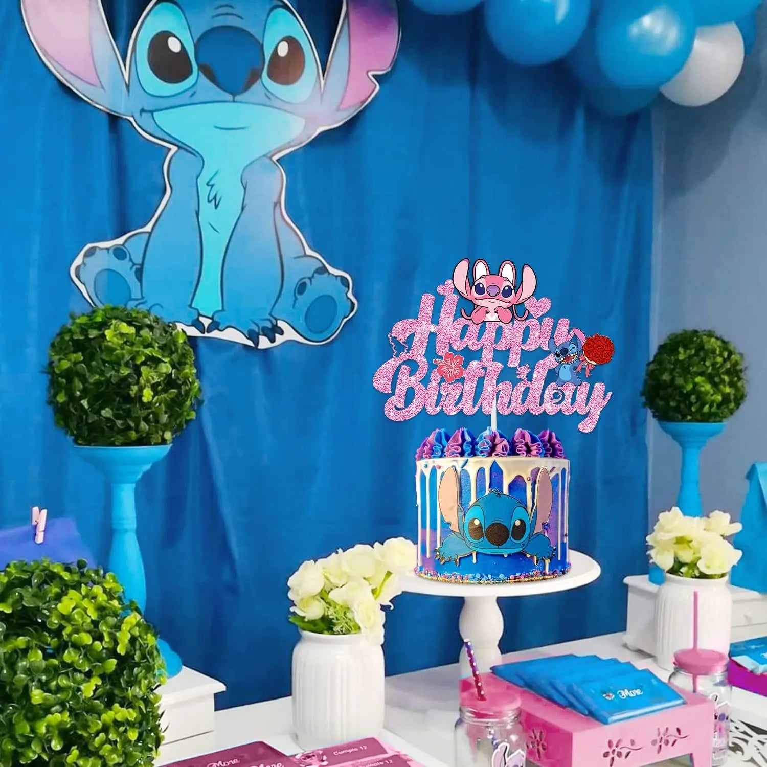 Pink Lilo &Stitch Cake Topper Girls Cartoon Happy Birthday Cake Decor Party Supplies for Kids Birthday Baby Shower Decoration