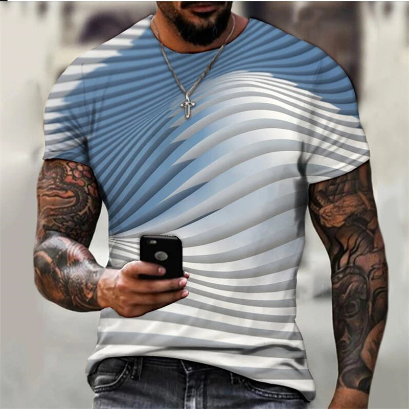 3D digital printed wave grid pattern men's short sleeve T-shirt