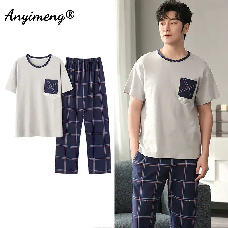 Mens Fresh Pajamas 3xl 4xl Sleepwear Short Sleeved Long Pants Cotton Leisure Pyjamas for Boy Plaid Pants Men Summer Nightwear