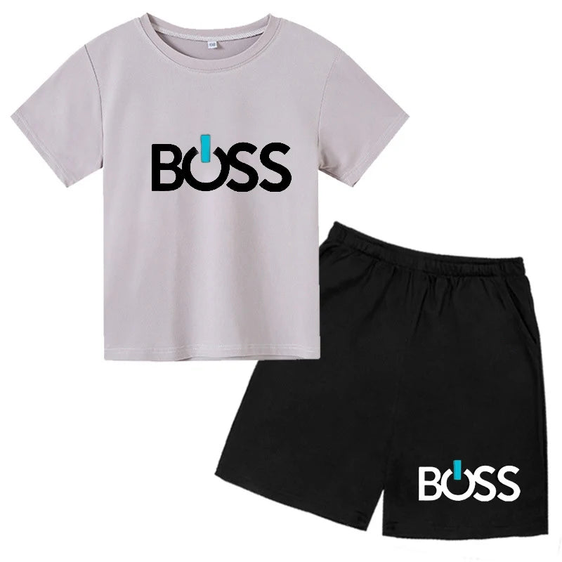 2024 Children's Summer Boss Pattern Printed Solid Color Short Sleeve Clothing Tee Sets Boys Girls New Style Casual Fashion Suits