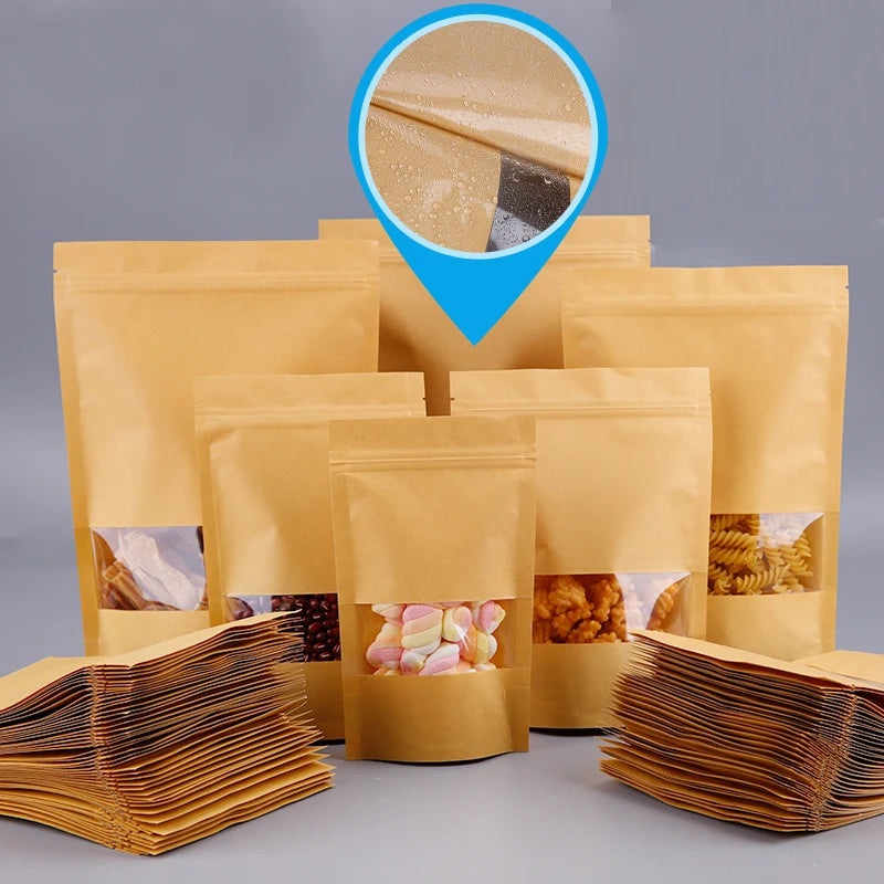 50PCS/LOT Craft Paper Zip Lock Bag With Window Gift Tea Packaging Food Stand Up Pouches Zipper Kraft Personal Custom LOGO