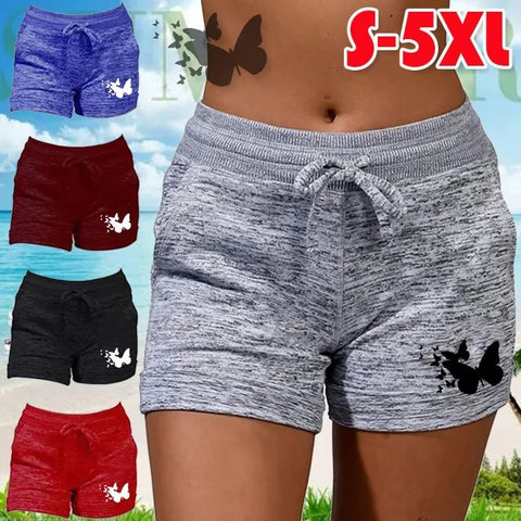 Butterfly Printed Women Shorts with Pockets and Drawstring High Waist Sport Stretchy Shorts Elastic Waist Yoga Running Shorts