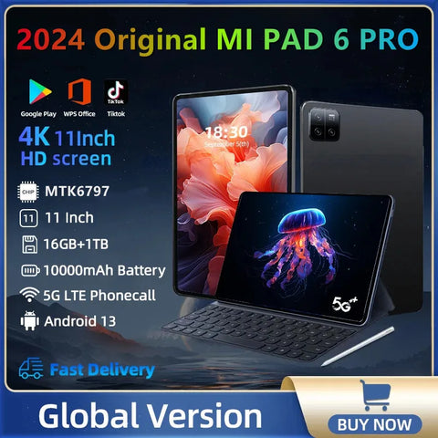 2024 New Pad 6 Pro Tablet  Android 13 16GB 1TB 10 Core 10000mAh WPS GPS Bluetooth 5G Dual SIM  Network Phone Call Mi Tablet PC