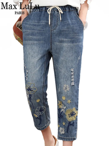 Jeans Women Casual Floral Denim Trousers Ripped Harem Pants