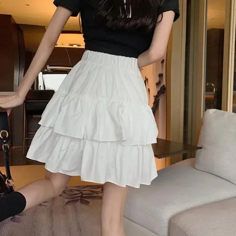 Women Cute Pleated Puffy Skirt Elastic Waist