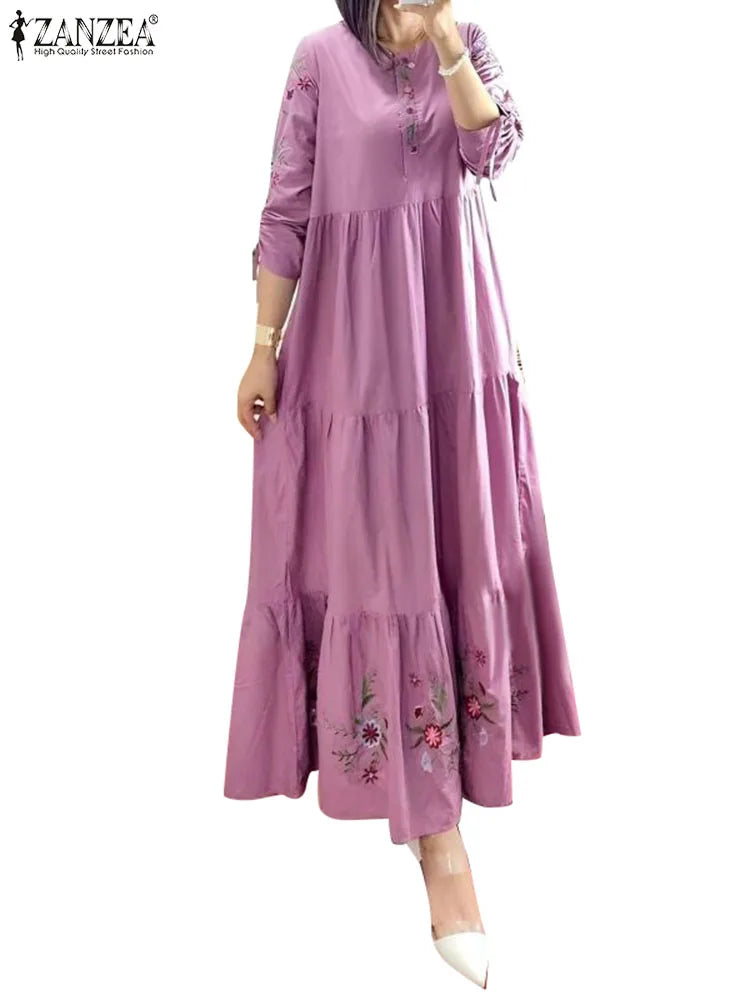 ZANZEA Elegant Floral Printed Muslim Dress