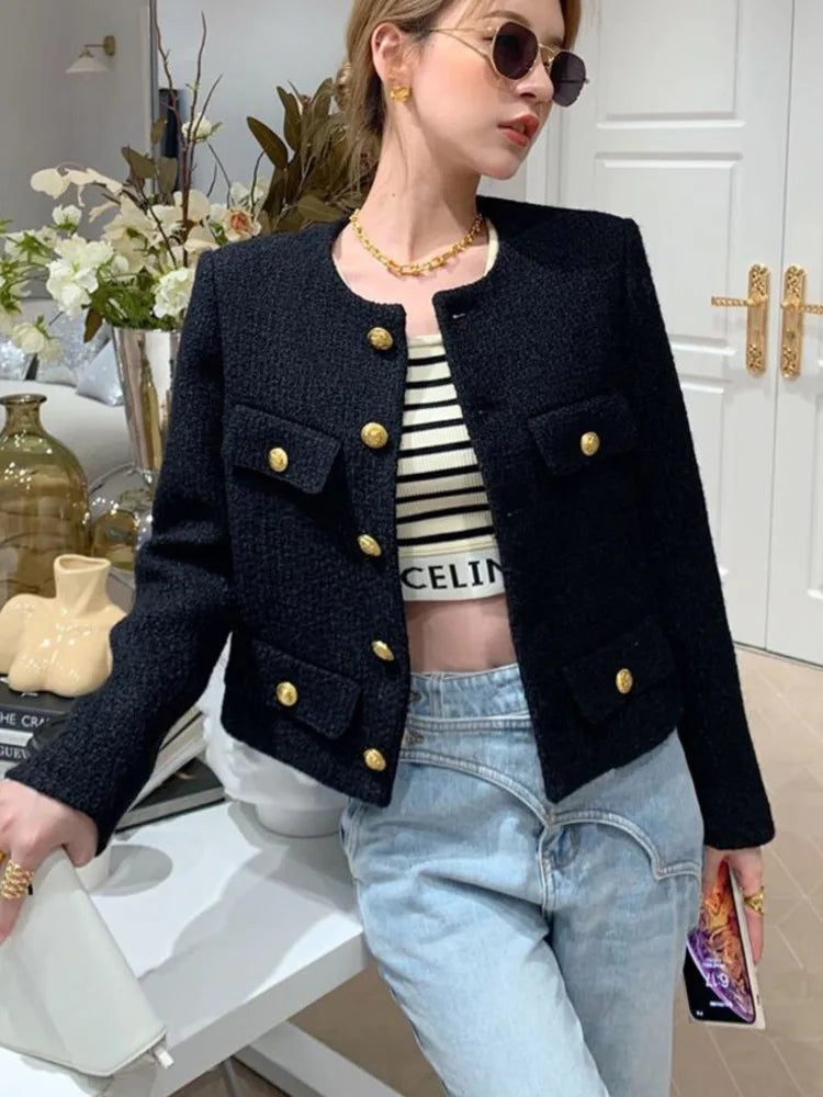 Women Vintage Woolen Short Coats Streetwear Elegant Casual Slim Outwear Crop Top