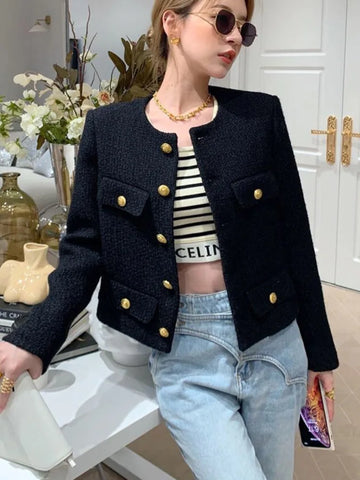 Women Vintage Woolen Short Coats Streetwear Elegant Casual Slim Outwear Crop Top