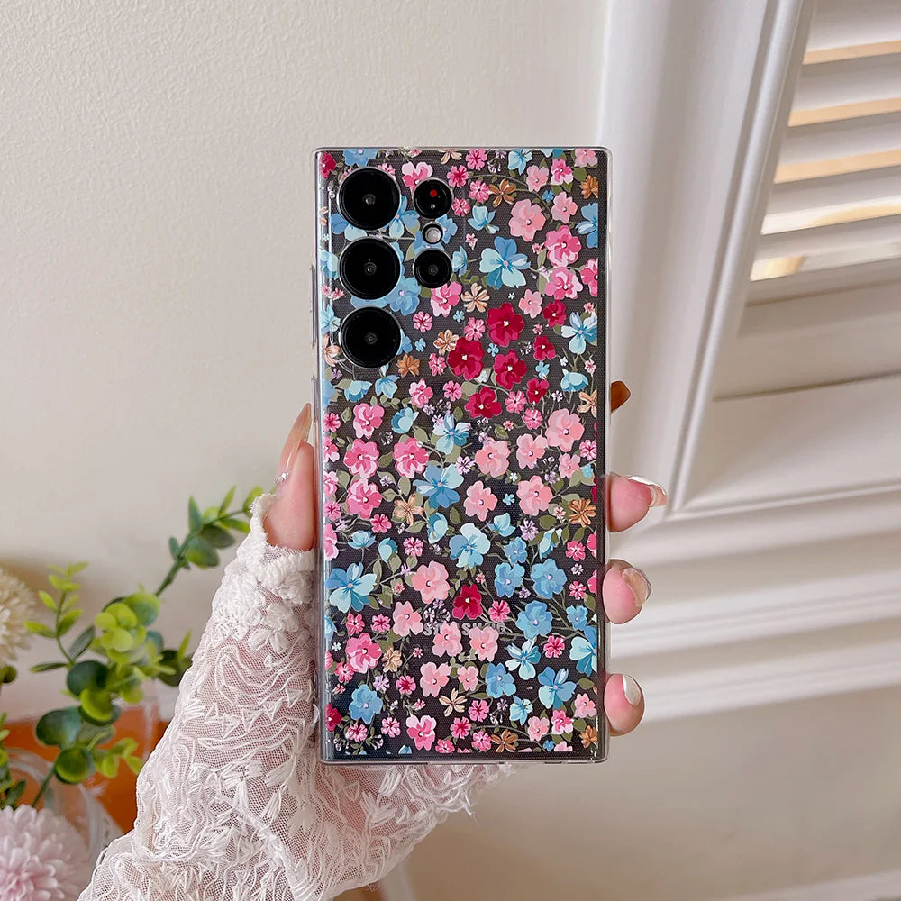 For Samsung Galaxy S24 S23 Ultra S22 S21 Plus FE A14 A23 A34 A54 Flower pattern Transparen Case Shockproof Soft Silicone Cover