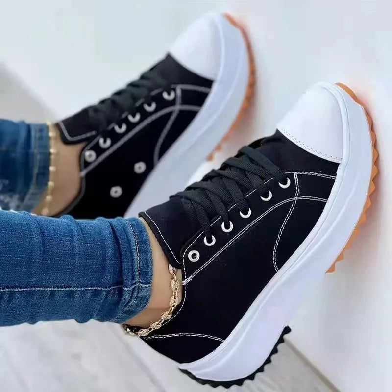 Classic White Canvas Shoes Women Sneakers Solid Lace-Up Casual Platform Shoes