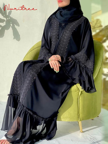 Muslim Abaya Dubai Full Length Flare Sleeve Lace Abaya