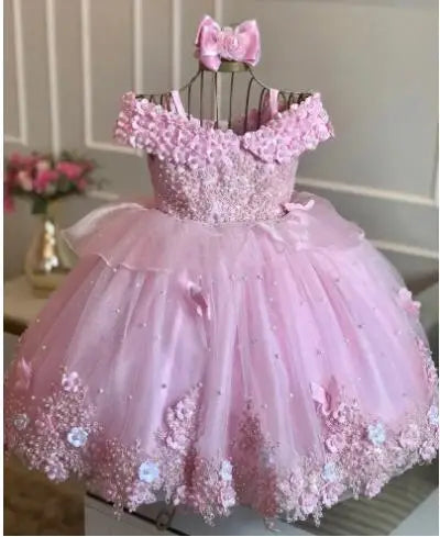 Baby Girls Dresses Off Shoulder Pearls Lace Butterflies Flower Princess Dress Infant First Birthday Party Gown  Communion Gift