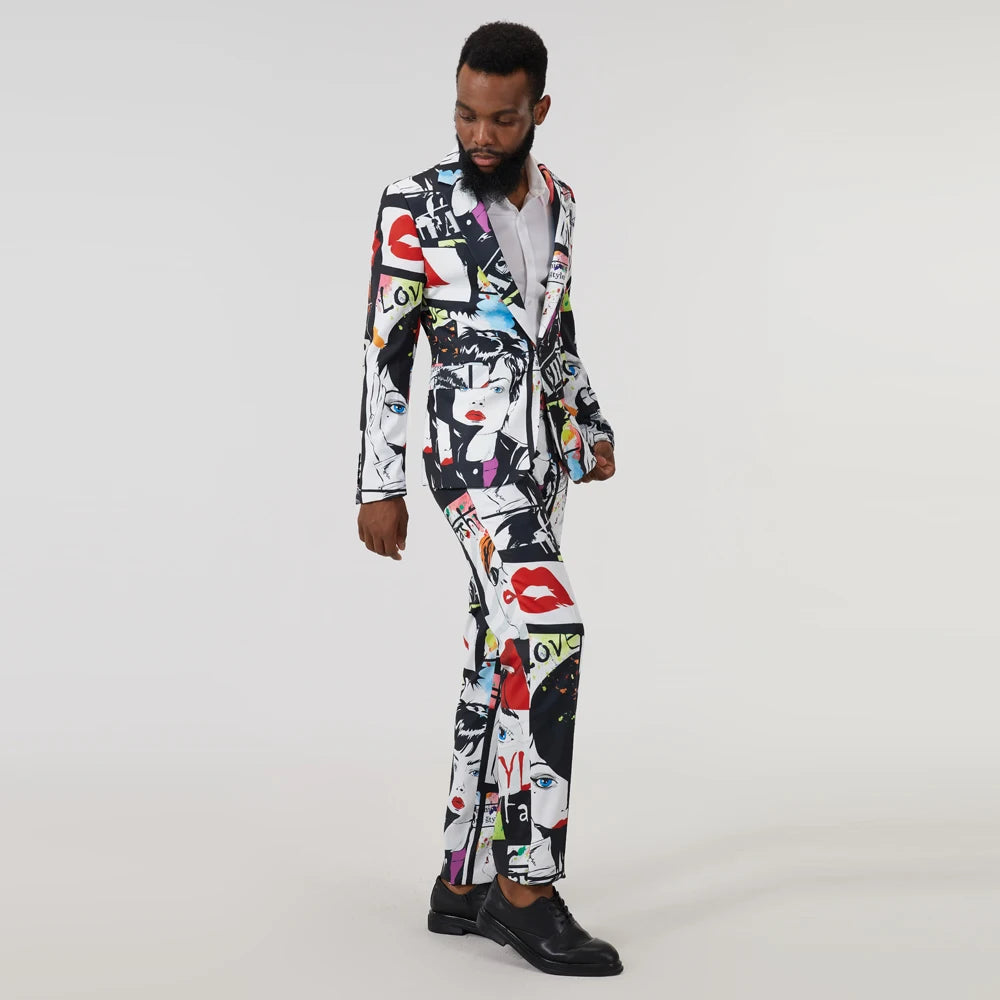 Graffiti Print Suit Collar Slim Fit