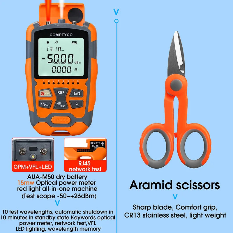 Optical Fiber Cold Splicing Kit Set Cutting Knife 15MW Four-In-One Optical Power Meter Red light All-in-One Machine AUA-M50