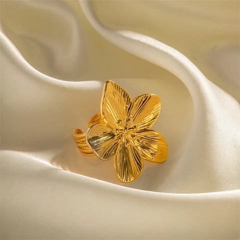 Exquisite Stainless Steel Flower Adjustable Opening Rings 18k Gold PVD Plated Waterproof Finger Jewelry For Women Wedding Gift