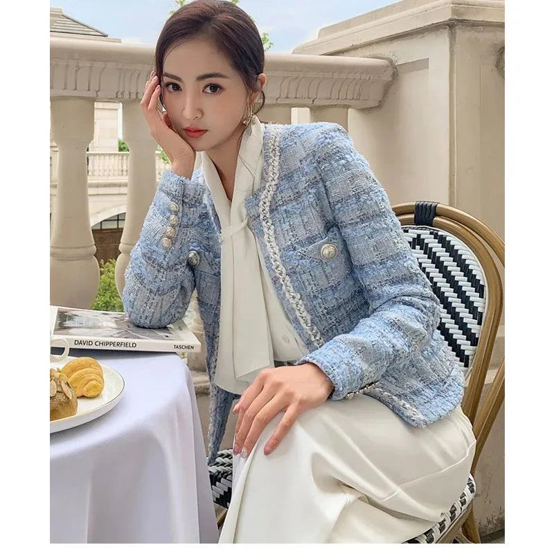 Autumn New lady style long-sleeved tassel tweed coat