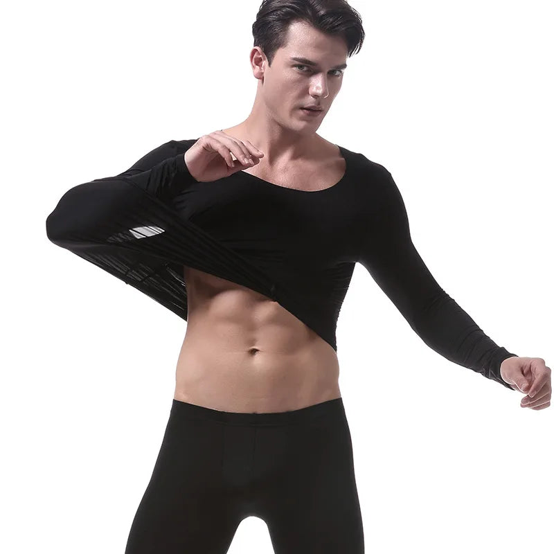 Men Long Johns Mens Seamless Thermal Underwear Suit Sexy Ultra-thin Translucent Home Lounge Men Undershirt Leggings 2 Piece/Sets