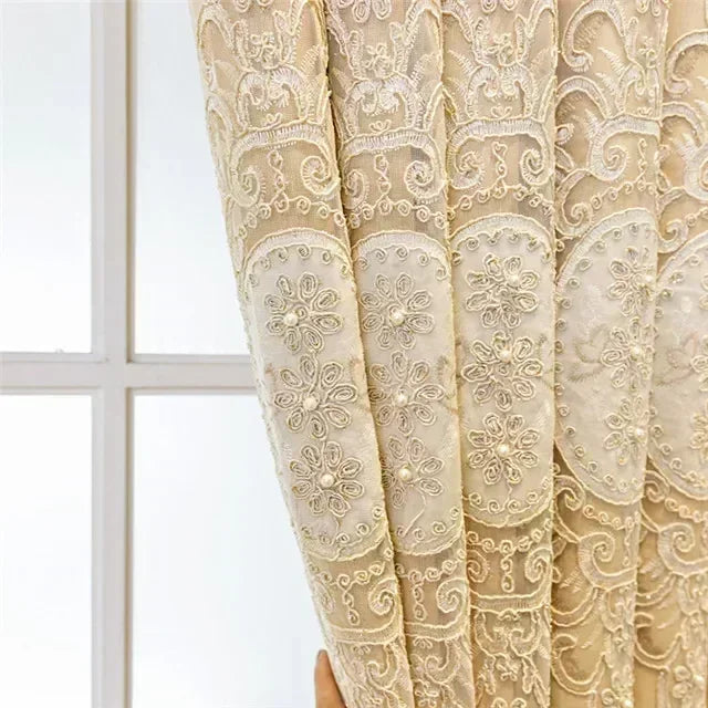 Luxury Embossed Embroidered Double Layer Curtains for Living Room Blackout 3D Floral Pearl Sheer Tulle Bedroom Decor Custom lace