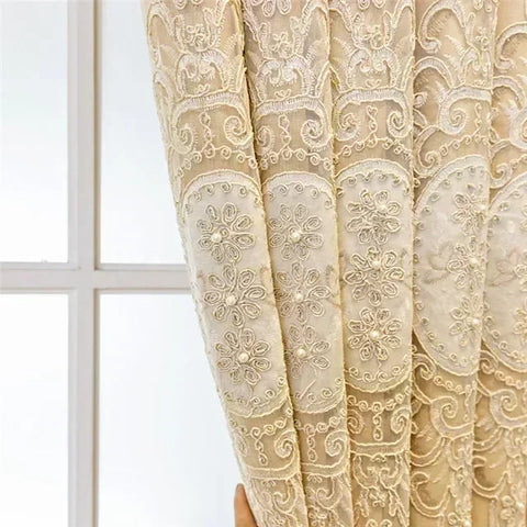 Luxury Embossed Embroidered Double Layer Curtains for Living Room Blackout 3D Floral Pearl Sheer Tulle Bedroom Decor Custom lace