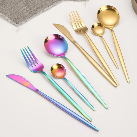 24pcs Gold Dinnerware Set Stainless Steel Steak Knife Fork Coffee Spoon Teaspoon Flatware Dishwasher Safe Kitchen Tablewar