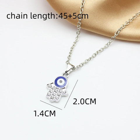 New Crystal Fatima Enamel Palm Blue Evil Eye Pendant Fashion Chain Necklace Korean Popular Women Charm Clavicle Collar Jewelry