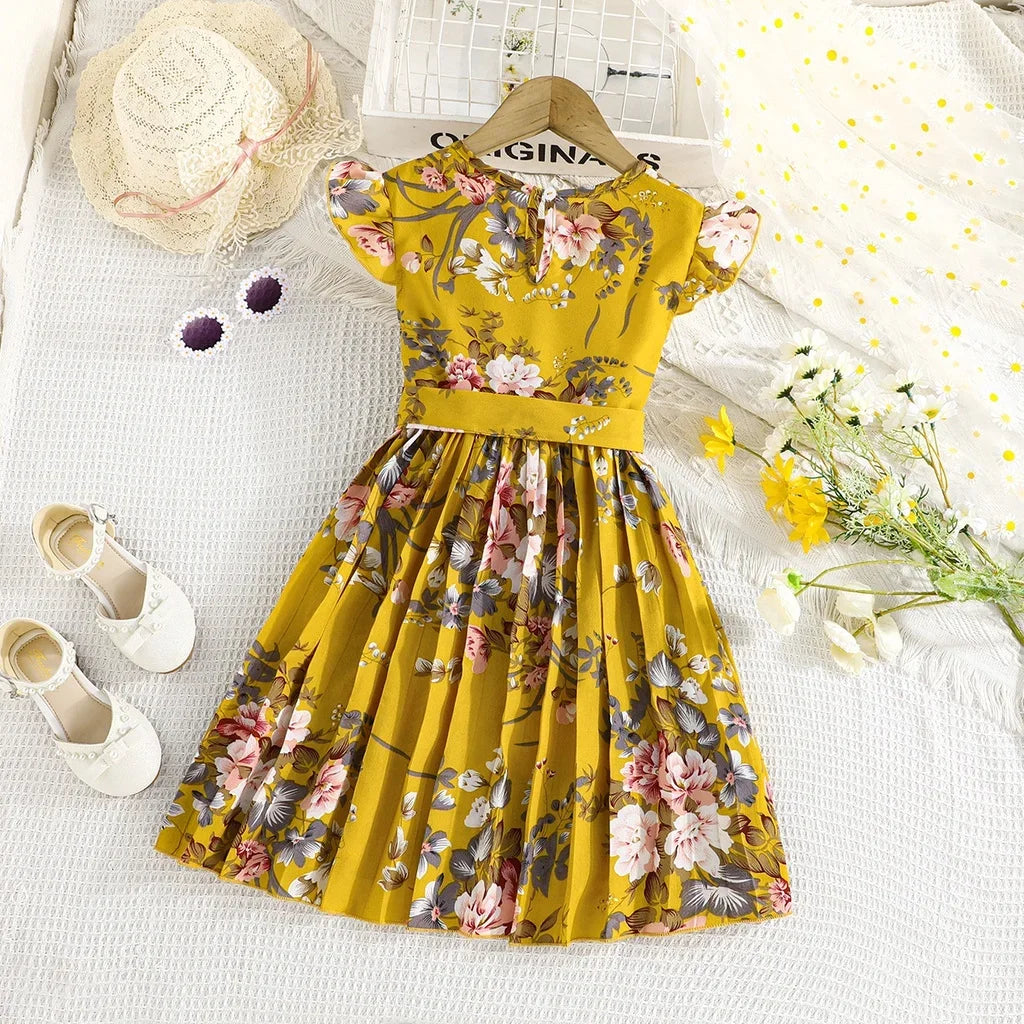 Dress For Kids 5-14 Years old Birthday Cute Floral Ruffled Sleeve Pleated Skirt Princess Dresses Ootd For Baby Girl