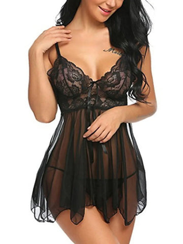 Sexy Low Cut Breast Mesh See Through Lace Lingerie Sleepwear Exotic Dress Female Underwear Nightgown T-String WYQQ-7552431