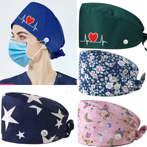 Women Scrub Caps Men Surgical Cap Heart Pharmacy Medical Pets Clinic Doctors Dentist Nursing Print Beauty Salon Hat with Buttons