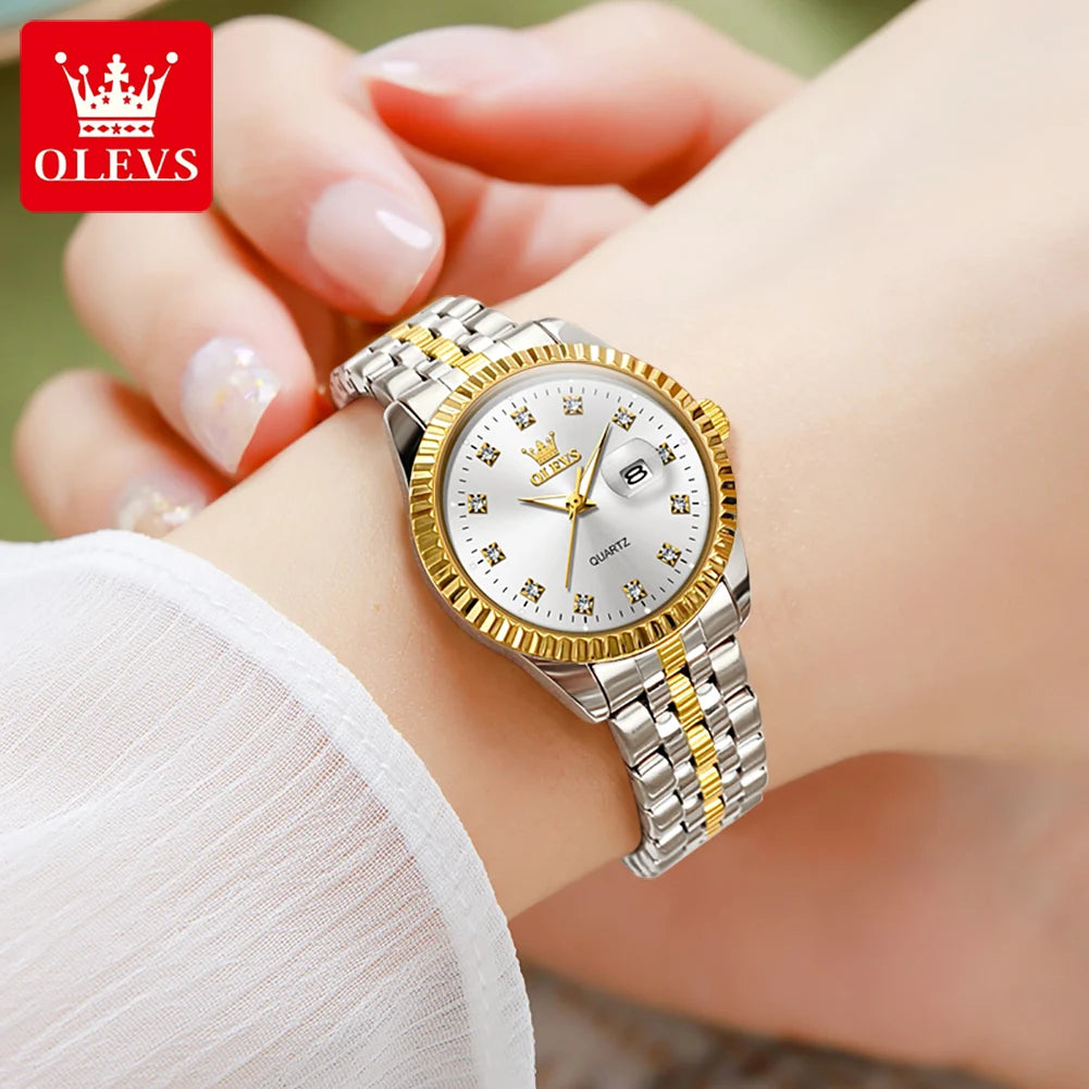 OLEVS Women's Watches Luxury Diamond Elegant Women Wristwatch Stainless Steel Waterproof Luminous Ladies Watch Jewelry Set