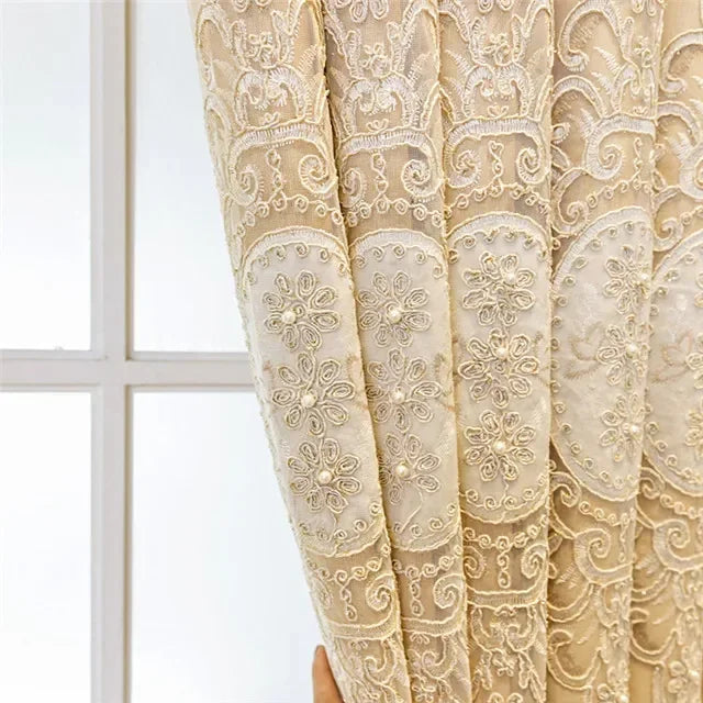 Luxury Embossed Embroidered Double Layer Curtains for Living Room Blackout 3D Floral Pearl Sheer Tulle Bedroom Decor Custom lace