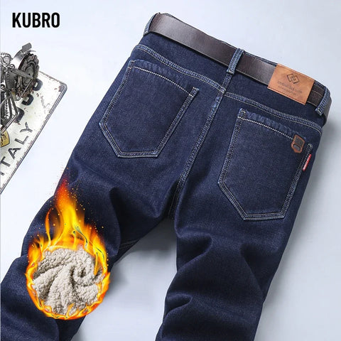 KUBRO Autumn Winter Men's Classic Regular Fit Fleece Jeans Business Fashion Casual Stretch Pants Brand Padded Wool Warm Trousers