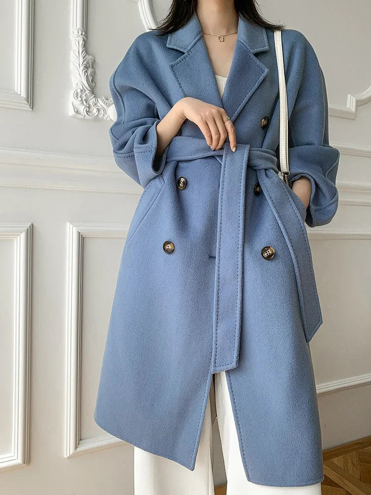 Fashion Trendy Women's Coat 100% Pure Australian Wool Coat Solid Color Autumn and Winter Double-Sided Woolen Women's Clothing