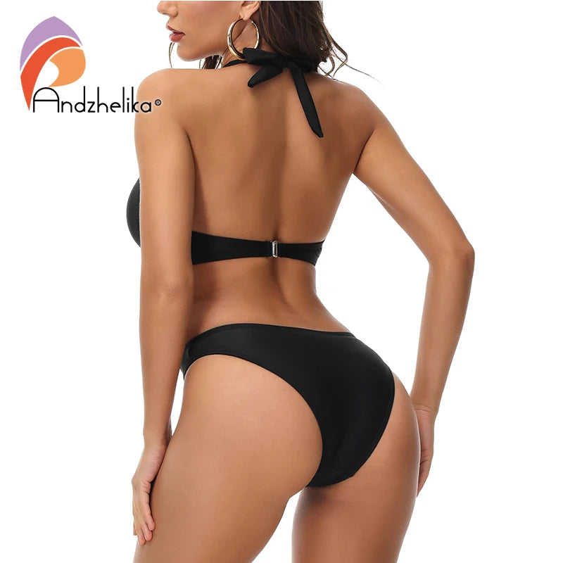 Andzhelika Black One Piece Swimsuit Women's Laced Sexy Halter Swimwear Monokini Female Bathing Suit Cutout Bodysuit Swim Wear