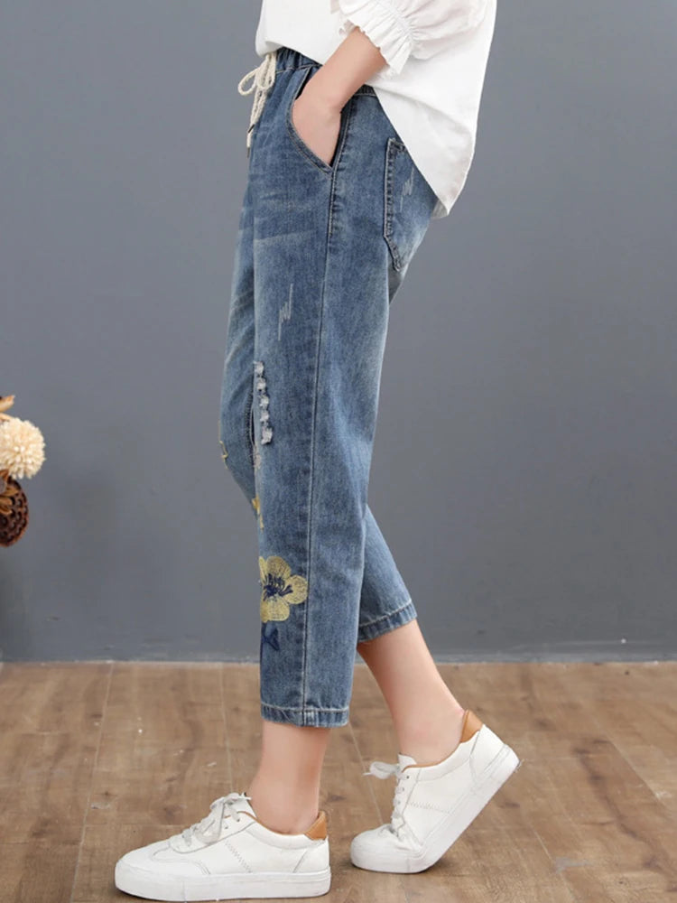 Jeans Women Casual Floral Denim Trousers Ripped Harem Pants