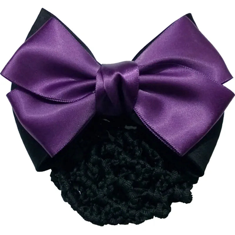 Satin Bow Hair Net Barrette Flight Attendant Ribbon Hair Clip Hair Bun Cover Net Headwear Fashion Snood Women Hair Accessories