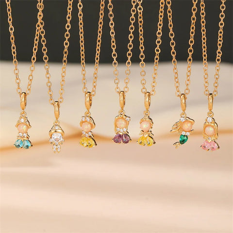 Luxury Zircon Beautiful Princess Pendant Necklace for Women Copper Gold Plated Link Chain Mermaid Fishtail Necklace Jewelry