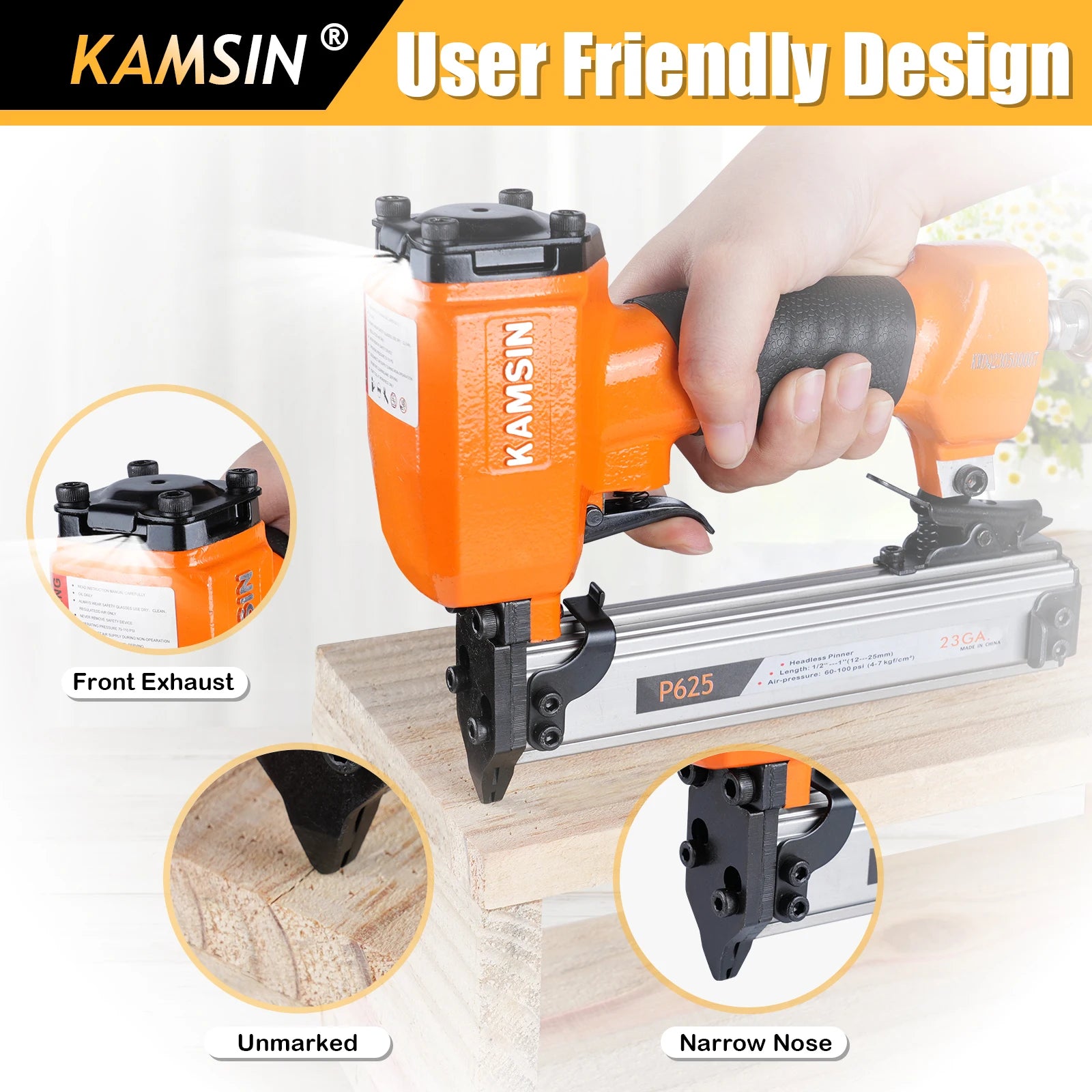 KAMSIN P625 23 Gauge Pneumatic Headless Pinner, Fits 10-25mm Pin Nails, Air Power Finish Nailer, for Interior Decoration