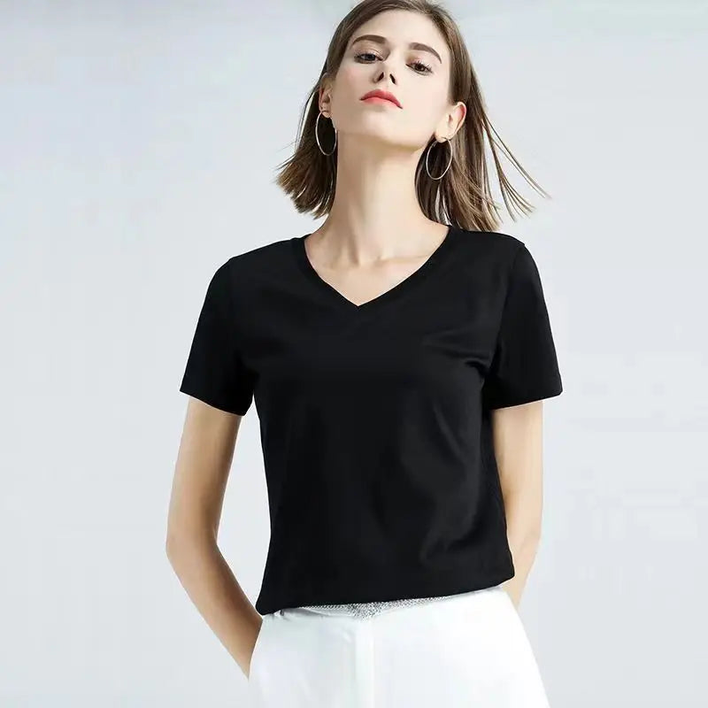 Summer New High-End Skin-Friendly Mercerized Cotton Short-Sleeved T-shirt Women's Solid Color Bottoming Shirt Joker T-Shirt