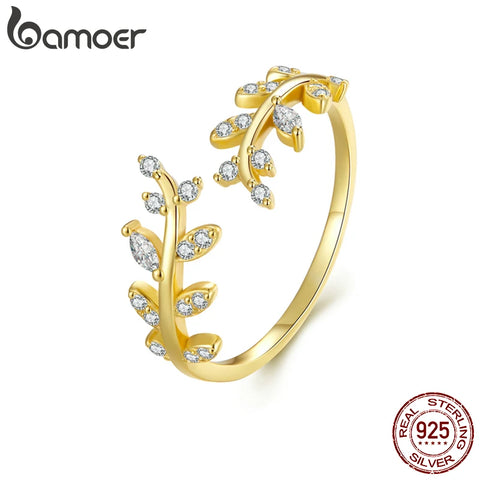 BAMOER 925 Sterling Silver Korean Style Delicate Leaf Open Ring for Women 2 Colors Simple Ring Fine Jewelry Wedding Gift