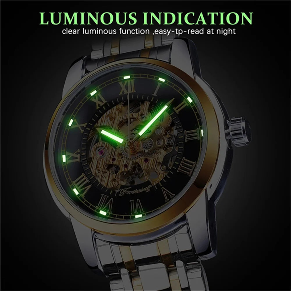 Forsining 349 Men Automatic Watch Round Skeleton Stainless Steel Mechanical Business Clock Relogio Masculino Erkek Kol Saati