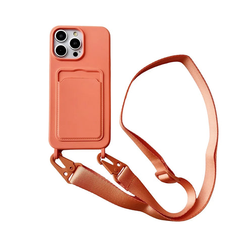 Crossbody Lanyard Necklace Rope Wallet Silicone Case For iPhone 15 Plus 14 13 12 11 Pro Max Slot Card Holder Plain Back Cover