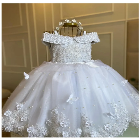 Baby Girls Dresses Off Shoulder Pearls Lace Butterflies Flower Princess Dress Infant First Birthday Party Gown  Communion Gift