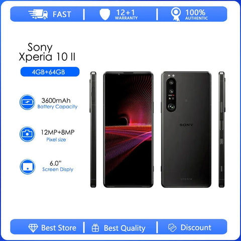 Original Sony Xperia 10 II 4G LTE Mobile Phone Single/Dual SIM 4GB+64GB Triple Camera Android SmartPhone Octa-core CellPhone