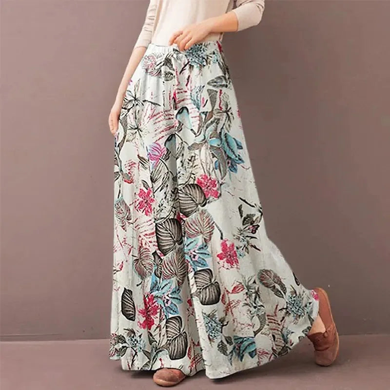 Women Floral Print Wide Leg Pants Spring Autumn Fashion Drawstring Bohemia Trousers Ladies Casual Loose Elastic Waist Pantalon