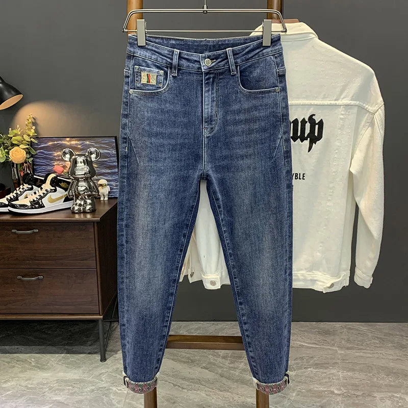 Summer thin light luxury jeans men's fashionable printed fashionable high-end Stretch Slim casual all-match cropped pants