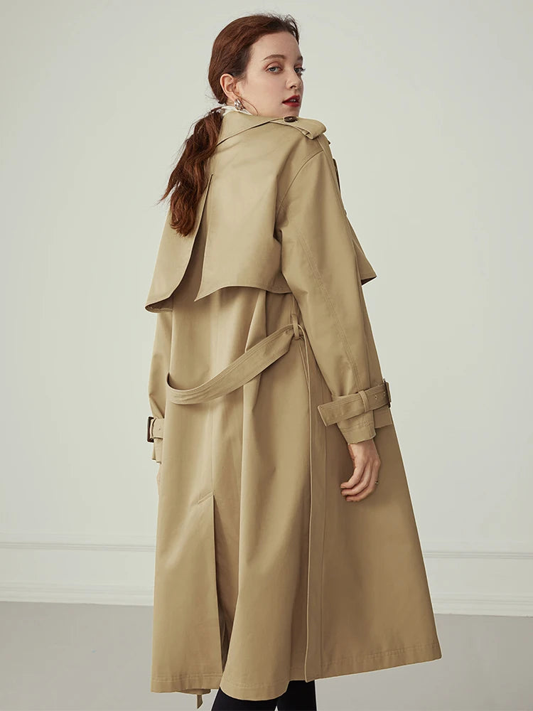 FSLE 100% Cotton Khaki Long Women Trench Coat Autumn Winter