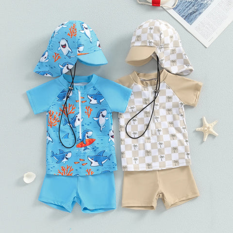 Fashion New Baby Boys Swimsuit 3CS Summer Rash Guard Beachwear Set Short Sleeve Shark Tree Print Top Shorts Hat Toddler Swimwear