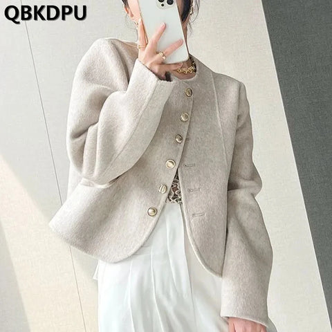 Elegant Womens Vintage Woolen Short Jackets 2023 Korean Slim Coats Cropped Long Sleeve Chaquetas Spring Wool Blend Outwear